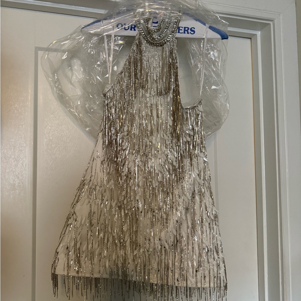 Retrofete Ivory Gold Beaded Fringe Halter Mini Dress - Picture 7 of 15